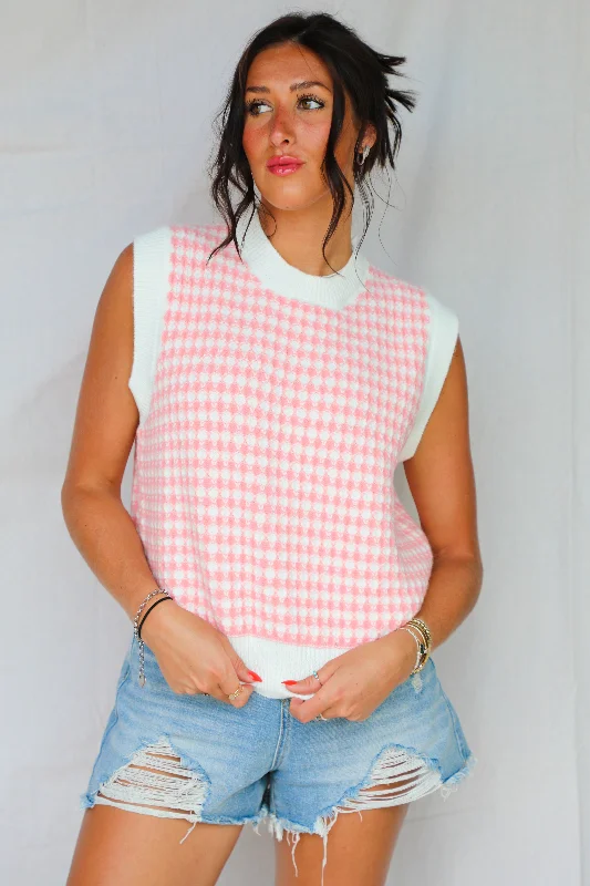 Sweet Pink Houndstooth Sweater Vest: Pink/White