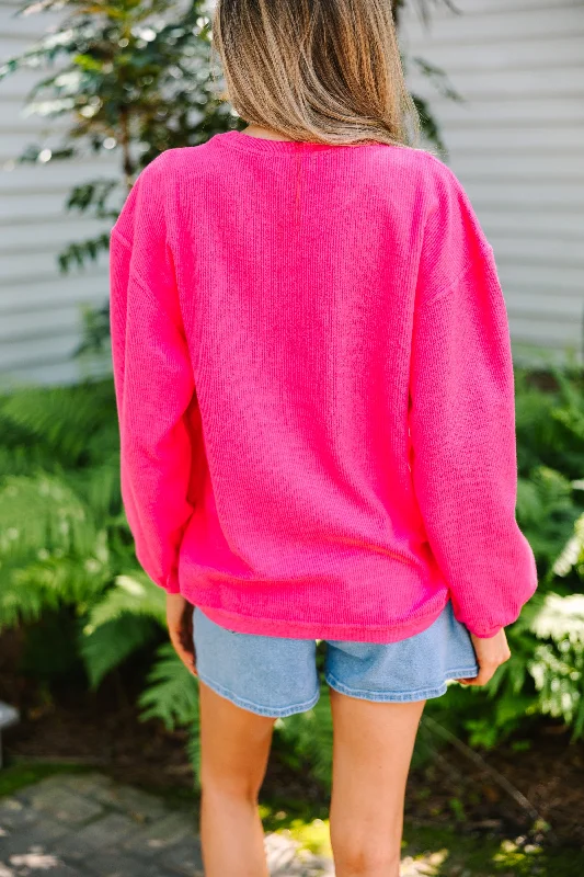 Teach Fuchsia Pink Corded Embroidered Sweatshirt