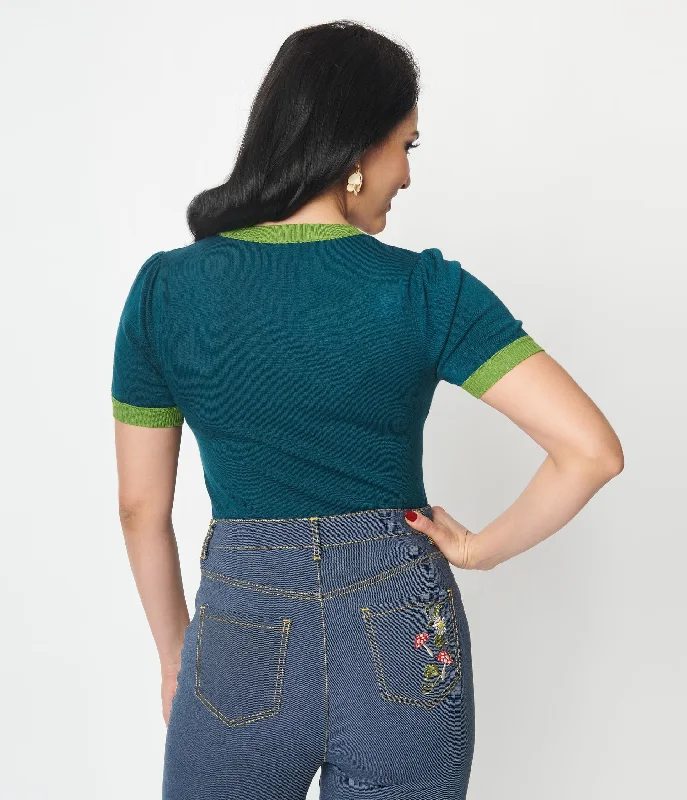 Unique Vintage Teal Mushroom & Daisy Embroidered Cardigan