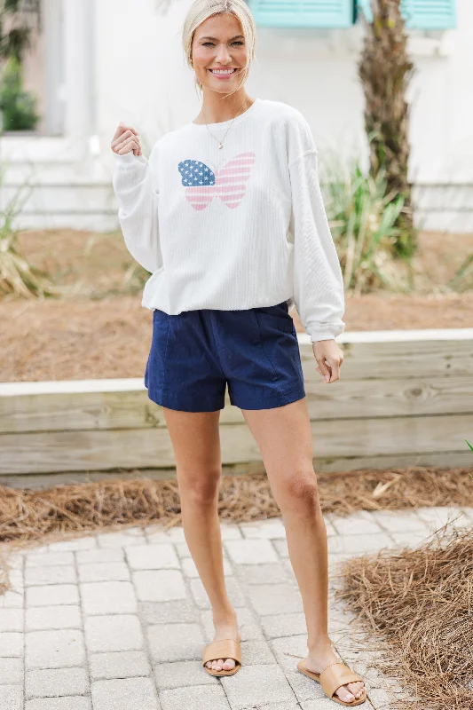 USA Pink Butterfly White Graphic Corded Sweatshirt