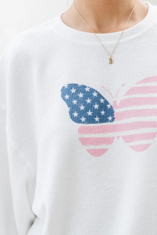 USA Pink Butterfly White Graphic Corded Sweatshirt