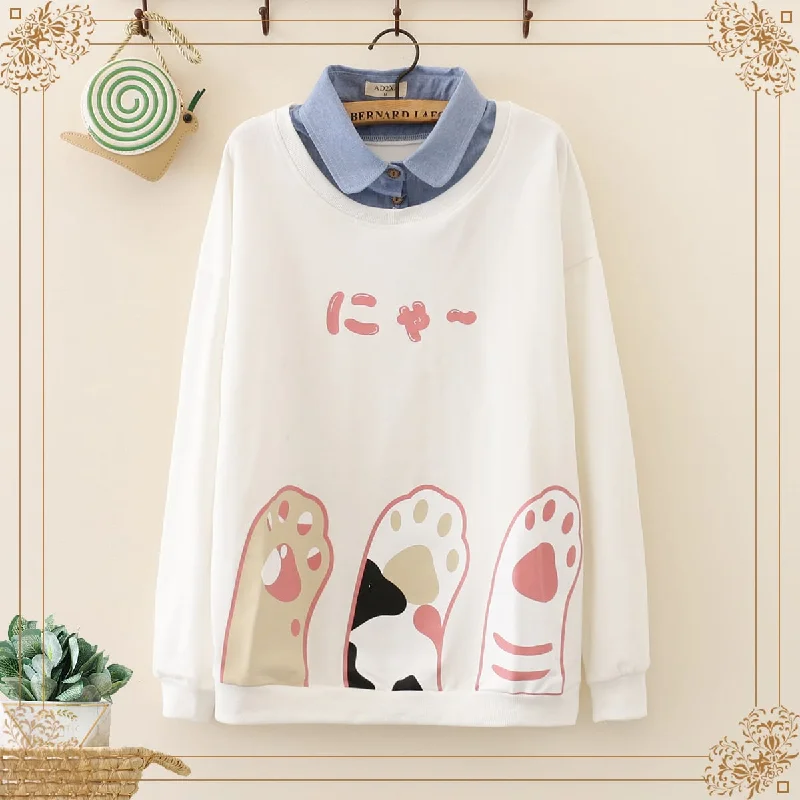 Women's Kawaii Cat Pads Printed Sweaters Splicing Shirts