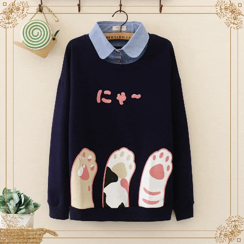 Women's Kawaii Cat Pads Printed Sweaters Splicing Shirts