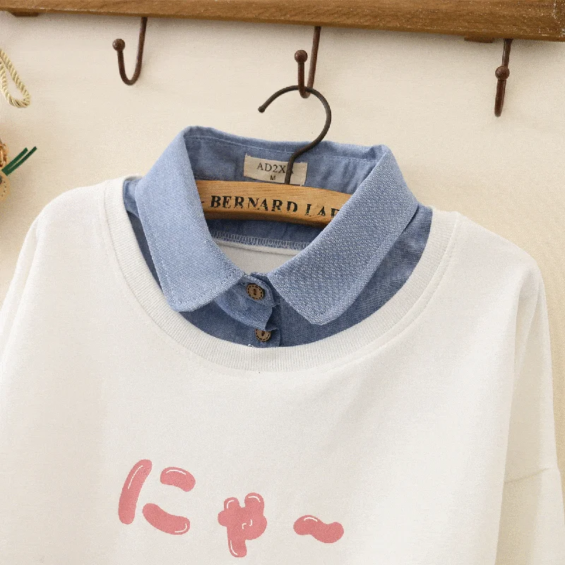 Women's Kawaii Cat Pads Printed Sweaters Splicing Shirts