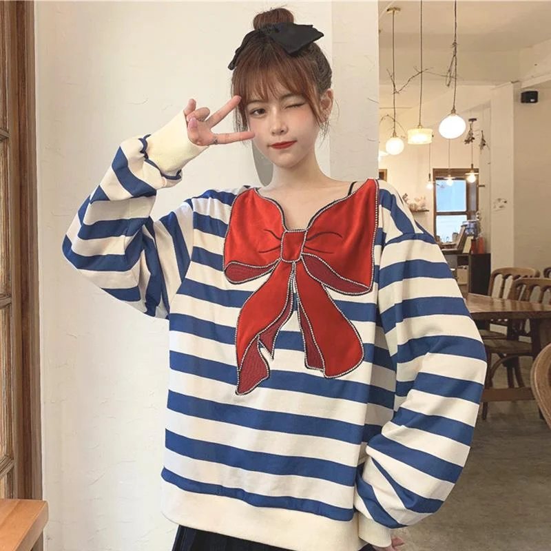 Women's Korean Fashion Contrast Color Stripe Sweaters With Large Bowknot