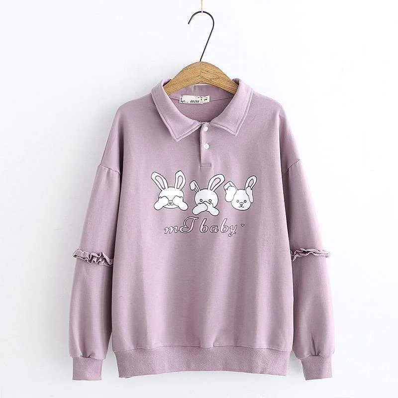 Women's Loilta Falbala Sleeved Rabbits Printed Lapel Sweaters